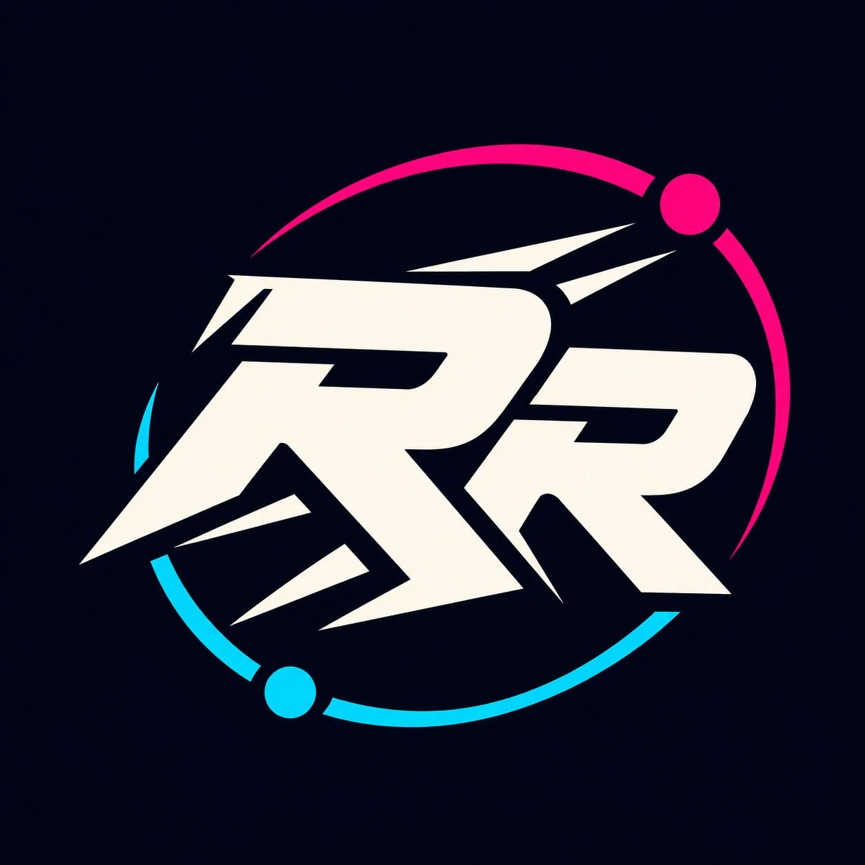 Rocket Rave’s orbital RR emblem in ivory, cyan and magenta